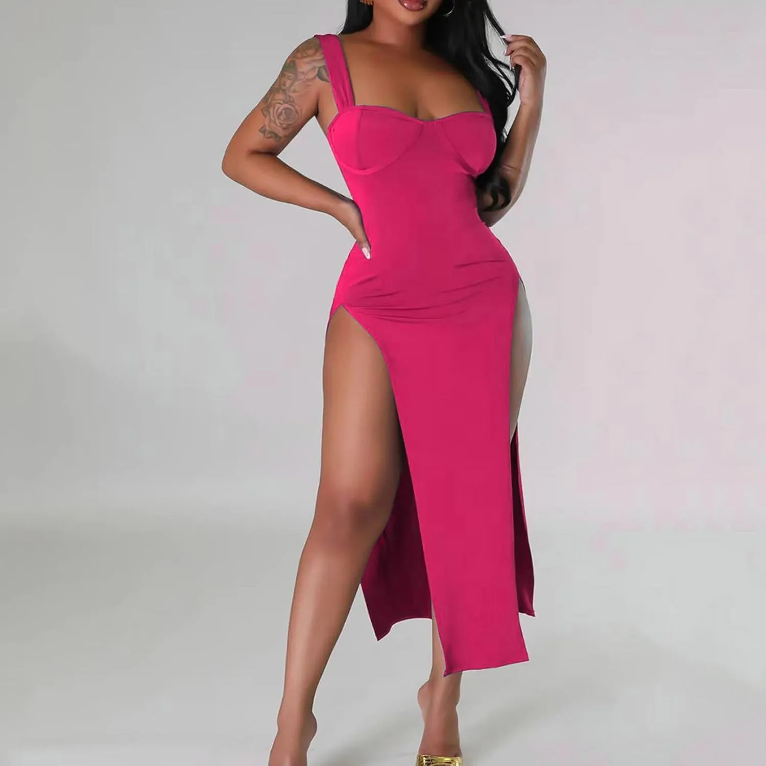 Women Sexy High Split Dress Square Neck Sleeveless Strappy Dresses Ladies Trendy Y2K Bodycon Slit Wrap