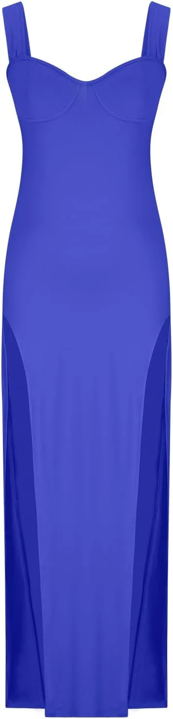 Women Sexy High Split Dress Square Neck Sleeveless Strappy Dresses Ladies Trendy Y2K Bodycon Slit Wrap
