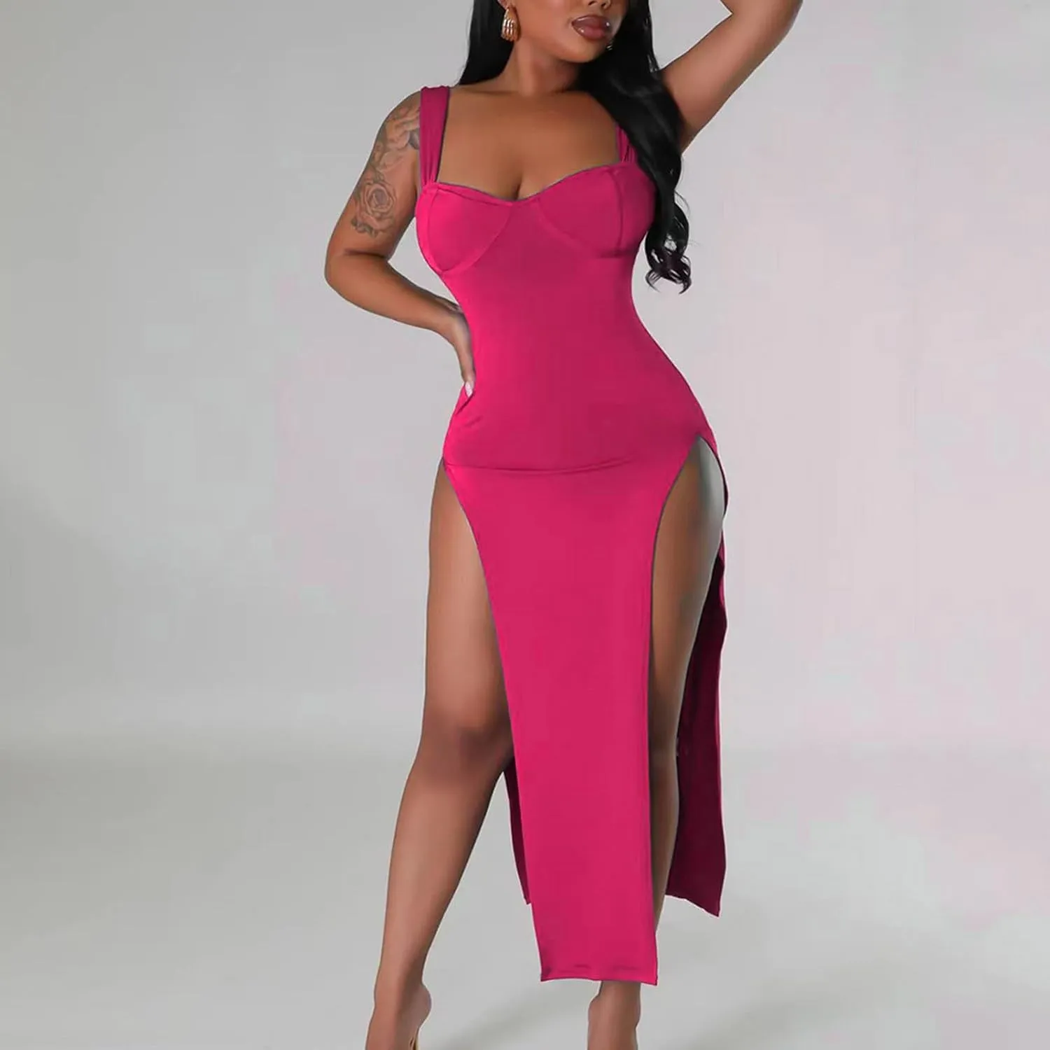 Women Sexy High Split Dress Square Neck Sleeveless Strappy Dresses Ladies Trendy Y2K Bodycon Slit Wrap