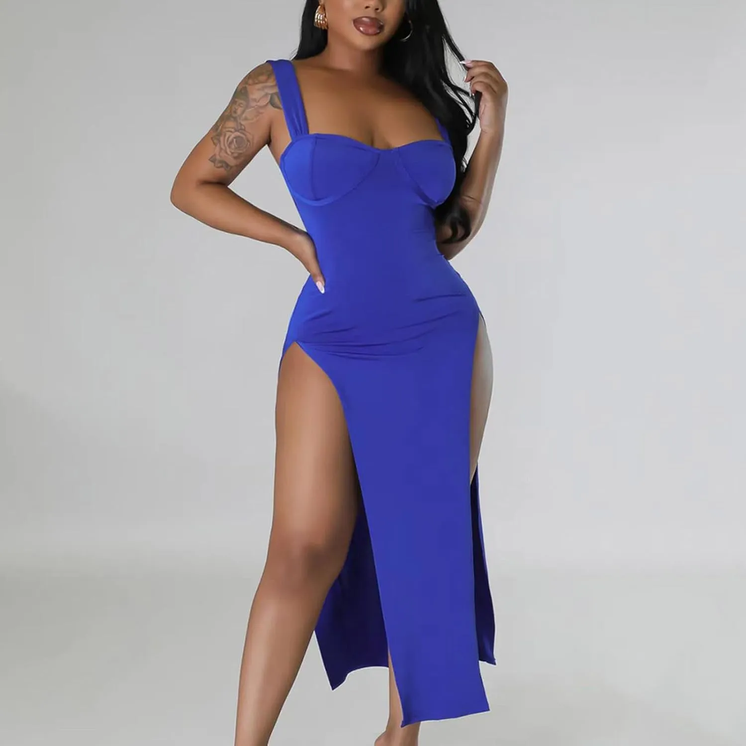Women Sexy High Split Dress Square Neck Sleeveless Strappy Dresses Ladies Trendy Y2K Bodycon Slit Wrap