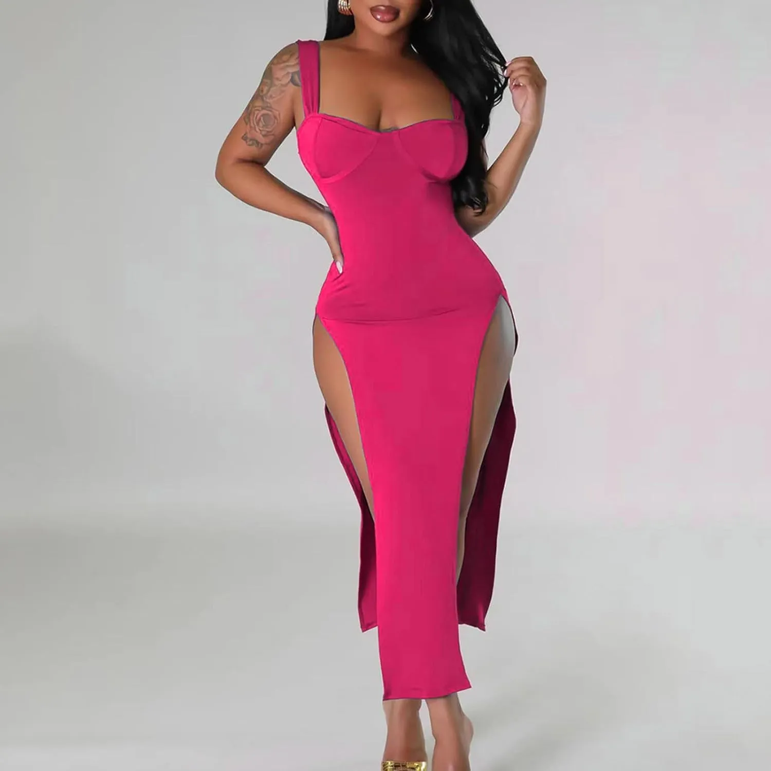 Women Sexy High Split Dress Square Neck Sleeveless Strappy Dresses Ladies Trendy Y2K Bodycon Slit Wrap