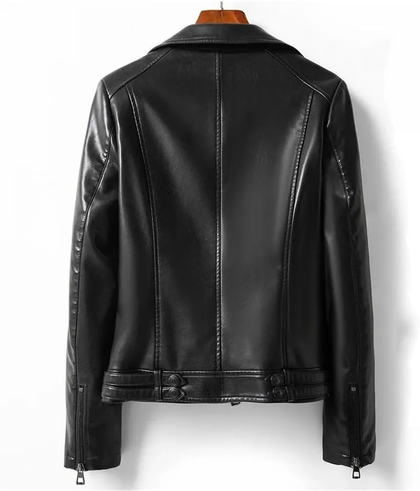 Women Sheepskin Jackets Lapel Collar Full Sleeve Leather Coats Casual Zipper Short Moto Biker Jackets