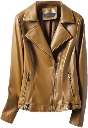 Women Sheepskin Jackets Lapel Collar Full Sleeve Leather Coats Casual Zipper Short Moto Biker Jackets