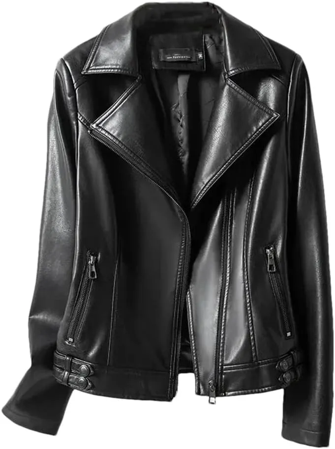 Women Sheepskin Jackets Lapel Collar Full Sleeve Leather Coats Casual Zipper Short Moto Biker Jackets