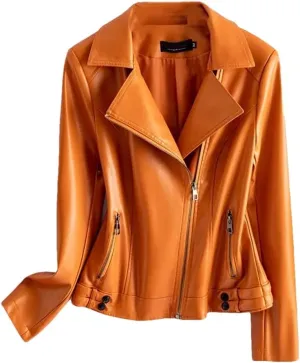 Women Sheepskin Jackets Lapel Collar Full Sleeve Leather Coats Casual Zipper Short Moto Biker Jackets