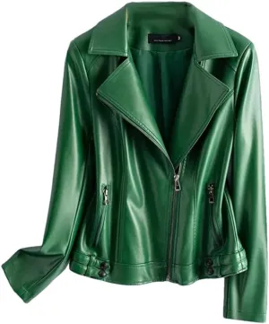 Women Sheepskin Jackets Lapel Collar Full Sleeve Leather Coats Casual Zipper Short Moto Biker Jackets