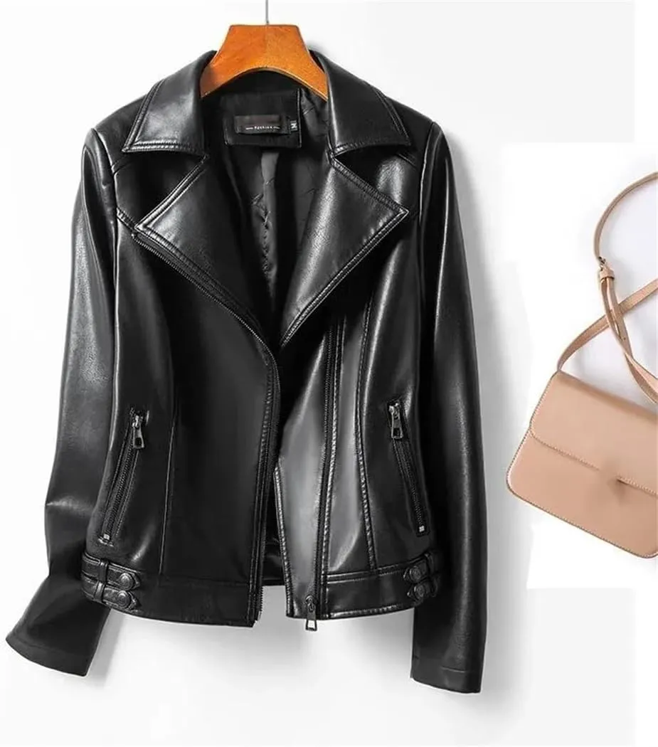 Women Sheepskin Jackets Lapel Collar Full Sleeve Leather Coats Casual Zipper Short Moto Biker Jackets