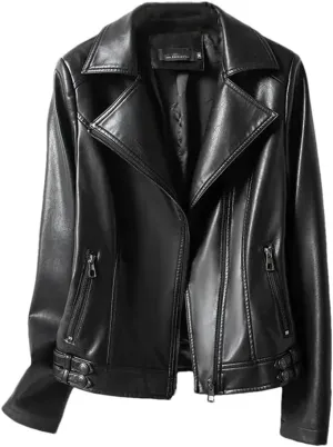 Women Sheepskin Jackets Lapel Collar Full Sleeve Leather Coats Casual Zipper Short Moto Biker Jackets