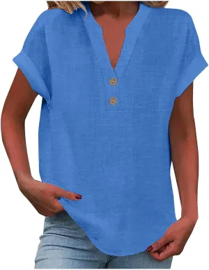 Women Short Sleeve Linen Shirt Casual Crewneck Soft T-Shirt Floral Loose Fit Summer Tee Shirts