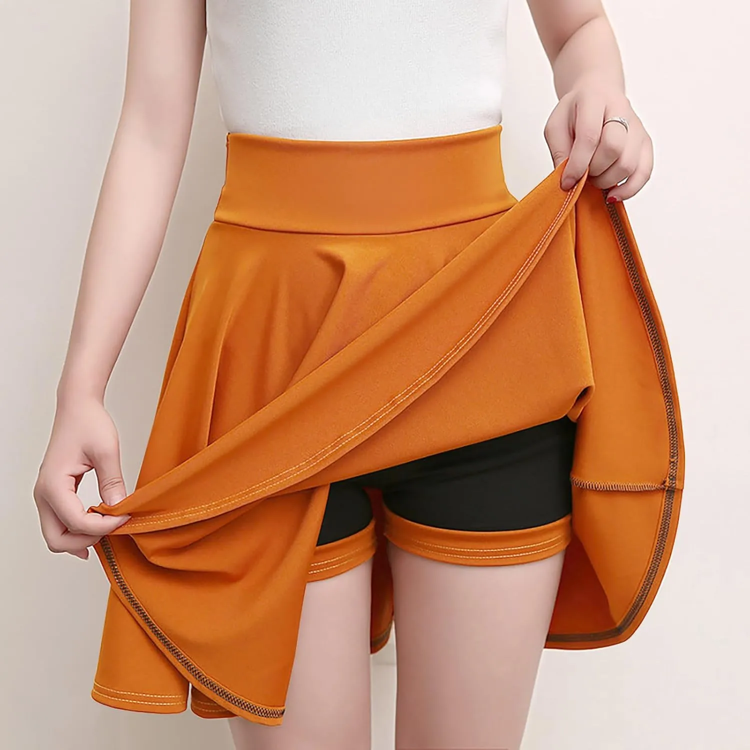 Women Skirt with Shorts High Waist Side Zipper Pleated Wrap Solid Color Casual Summer A Line Mini Skirts