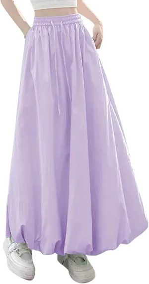 Women Solid Color Basic Bloomer Skirt, Summer Lightweight Comfy A-line Long Skirts Fashion Tie Drawstring Casual Clothes
