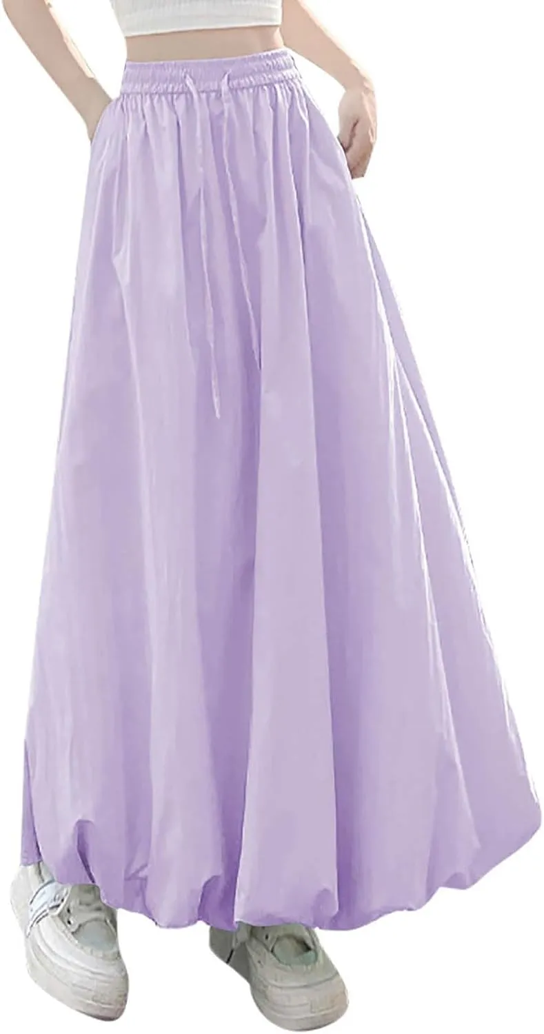 Women Solid Color Basic Bloomer Skirt, Summer Lightweight Comfy A-line Long Skirts Fashion Tie Drawstring Casual Clothes