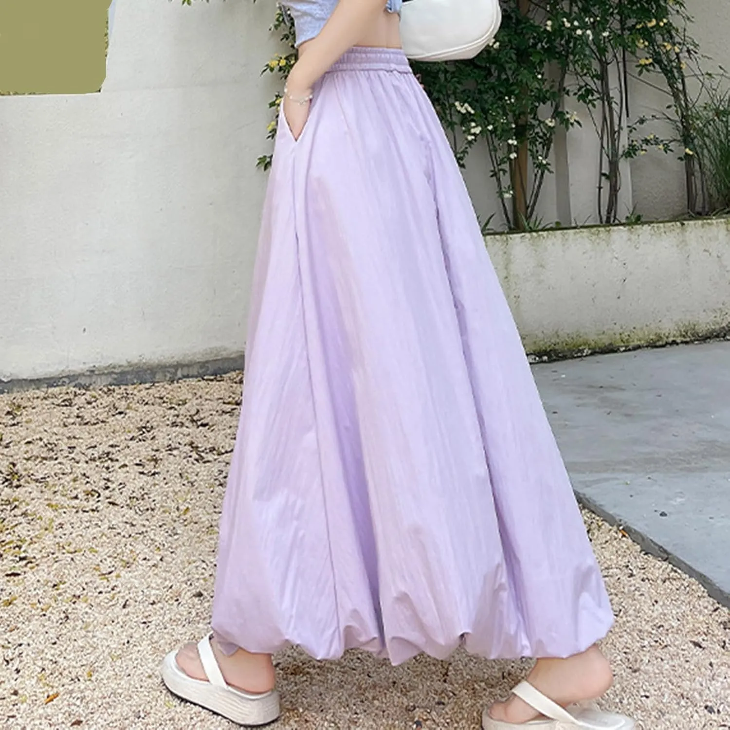 Women Solid Color Basic Bloomer Skirt, Summer Lightweight Comfy A-line Long Skirts Fashion Tie Drawstring Casual Clothes