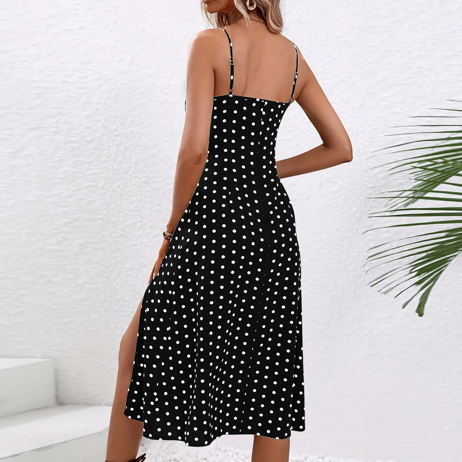 Women Spaghetti Strap Midi Dresses Summer Sleeveless Side Split Cami Sundress Polka Dot Print Evening Party Gown Dress