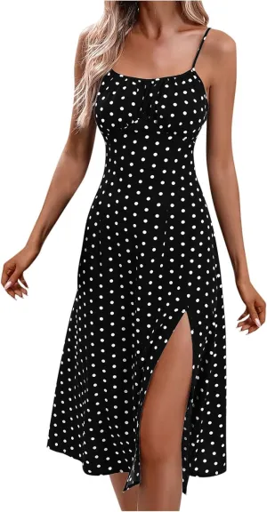 Women Spaghetti Strap Midi Dresses Summer Sleeveless Side Split Cami Sundress Polka Dot Print Evening Party Gown Dress