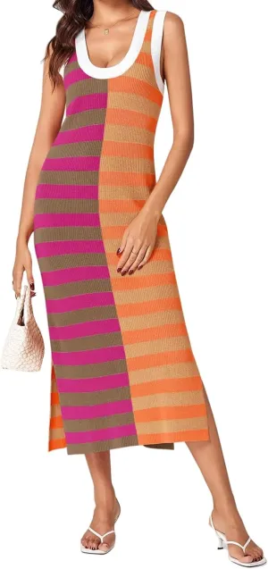 Women Striped Knit Tank Dress Casual Scoop Neck Sleeveless Split Ribbed Maxi Dresses Color Block Long Dress