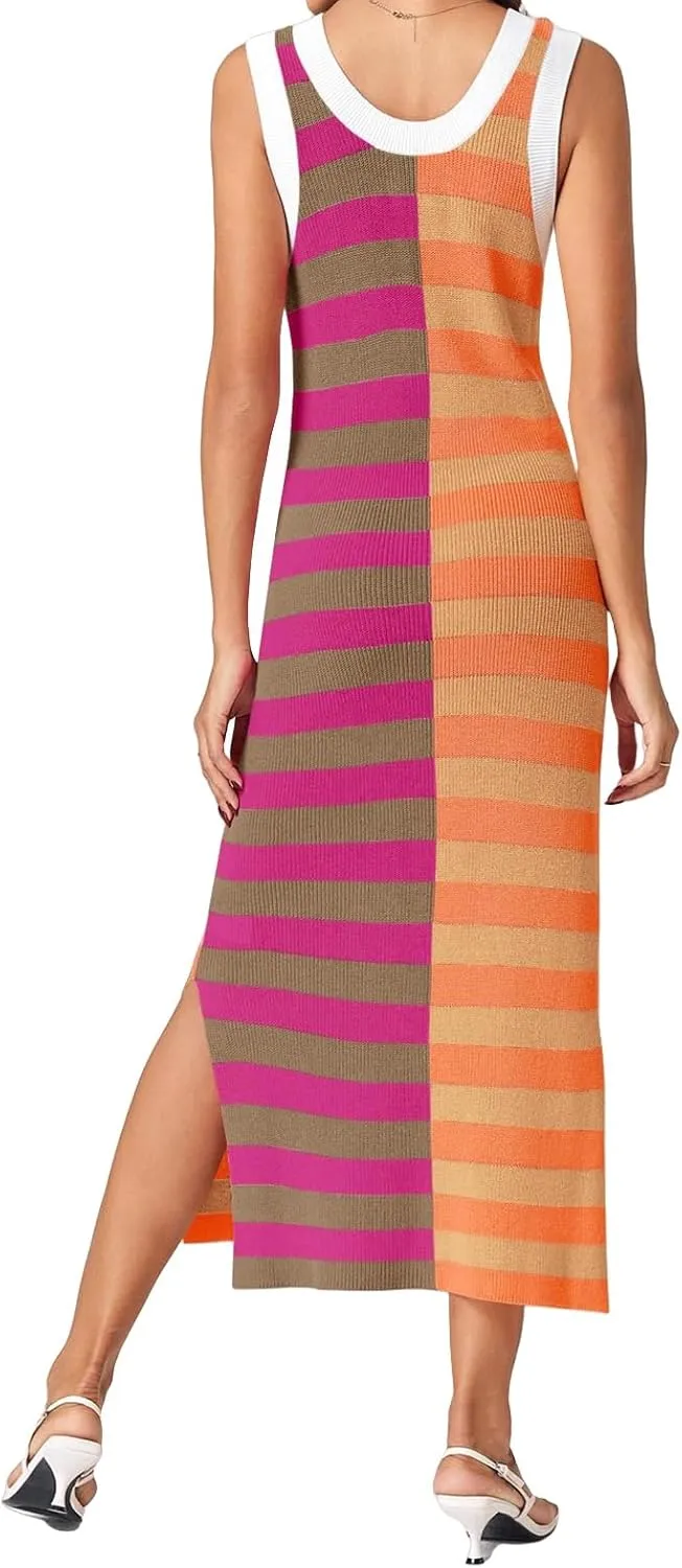 Women Striped Knit Tank Dress Casual Scoop Neck Sleeveless Split Ribbed Maxi Dresses Color Block Long Dress