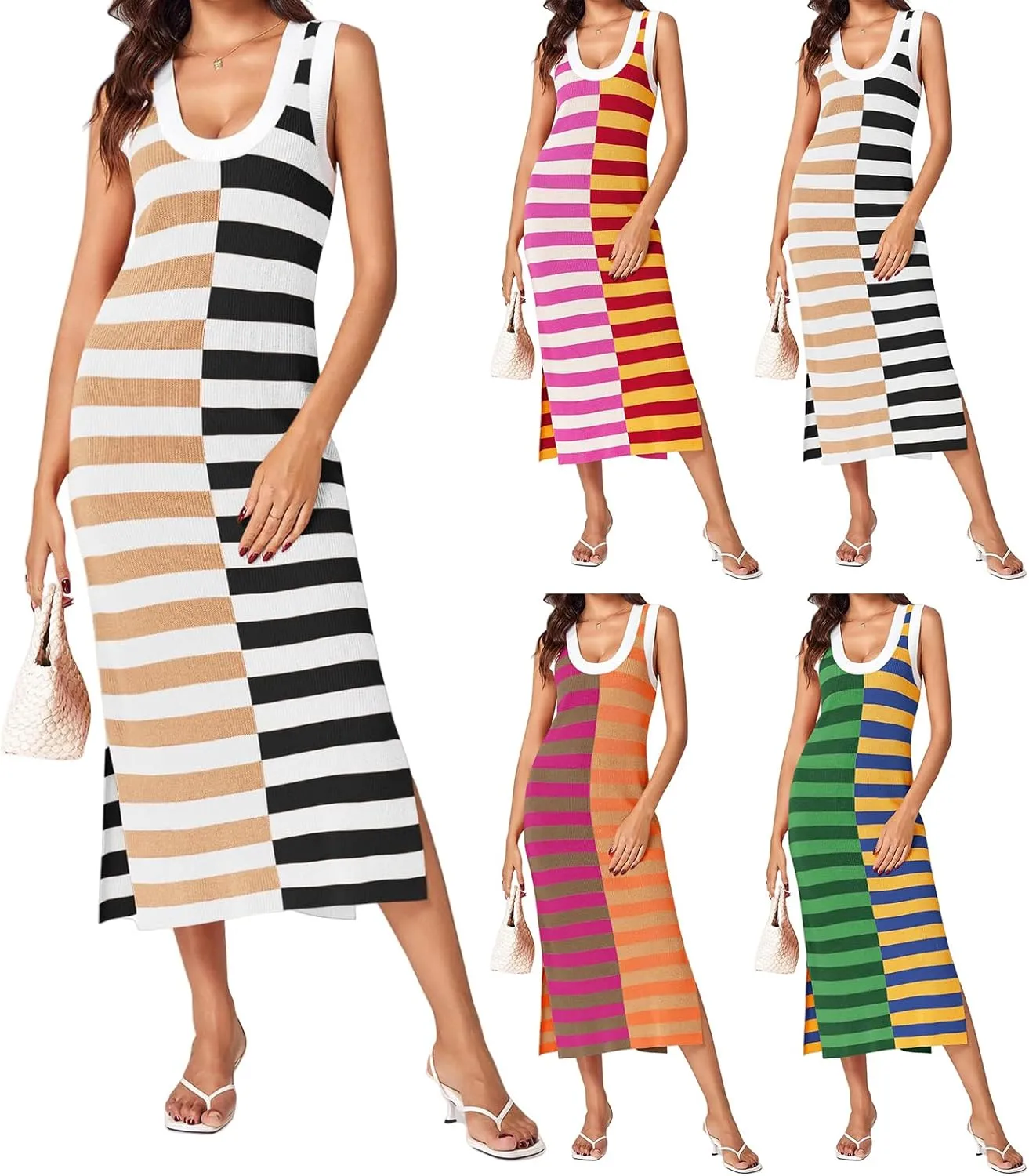 Women Striped Knit Tank Dress Casual Scoop Neck Sleeveless Split Ribbed Maxi Dresses Color Block Long Dress