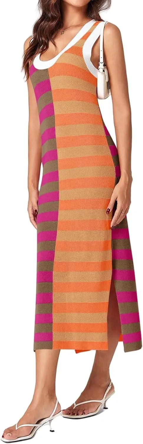 Women Striped Knit Tank Dress Casual Scoop Neck Sleeveless Split Ribbed Maxi Dresses Color Block Long Dress