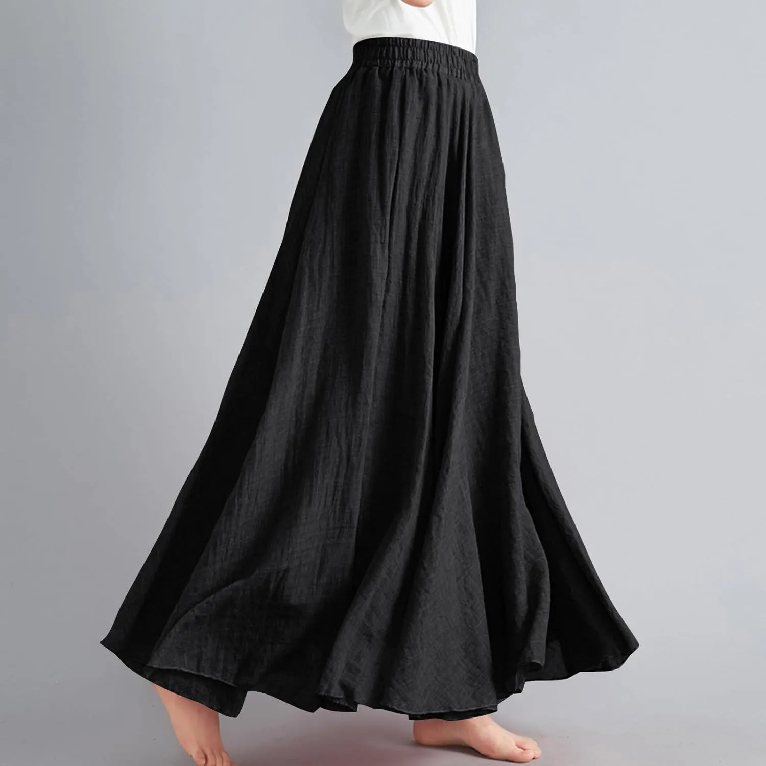 Women Summer Boho Flowy Swing A-Line Maxi Skirt Casual Linen Skirts 2025 Trendy Elastic High Waist Long Beach Dress