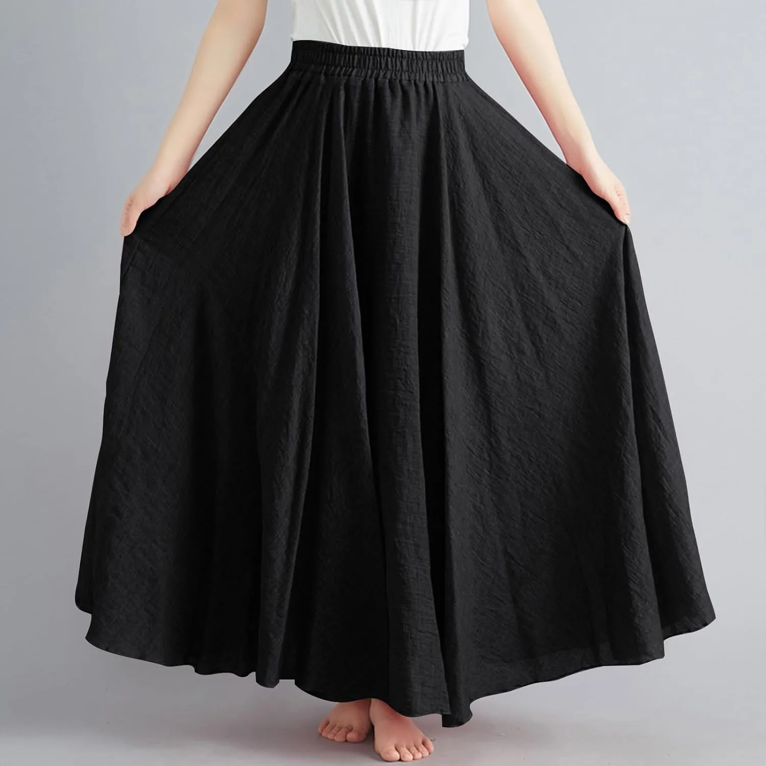 Women Summer Boho Flowy Swing A-Line Maxi Skirt Casual Linen Skirts 2025 Trendy Elastic High Waist Long Beach Dress
