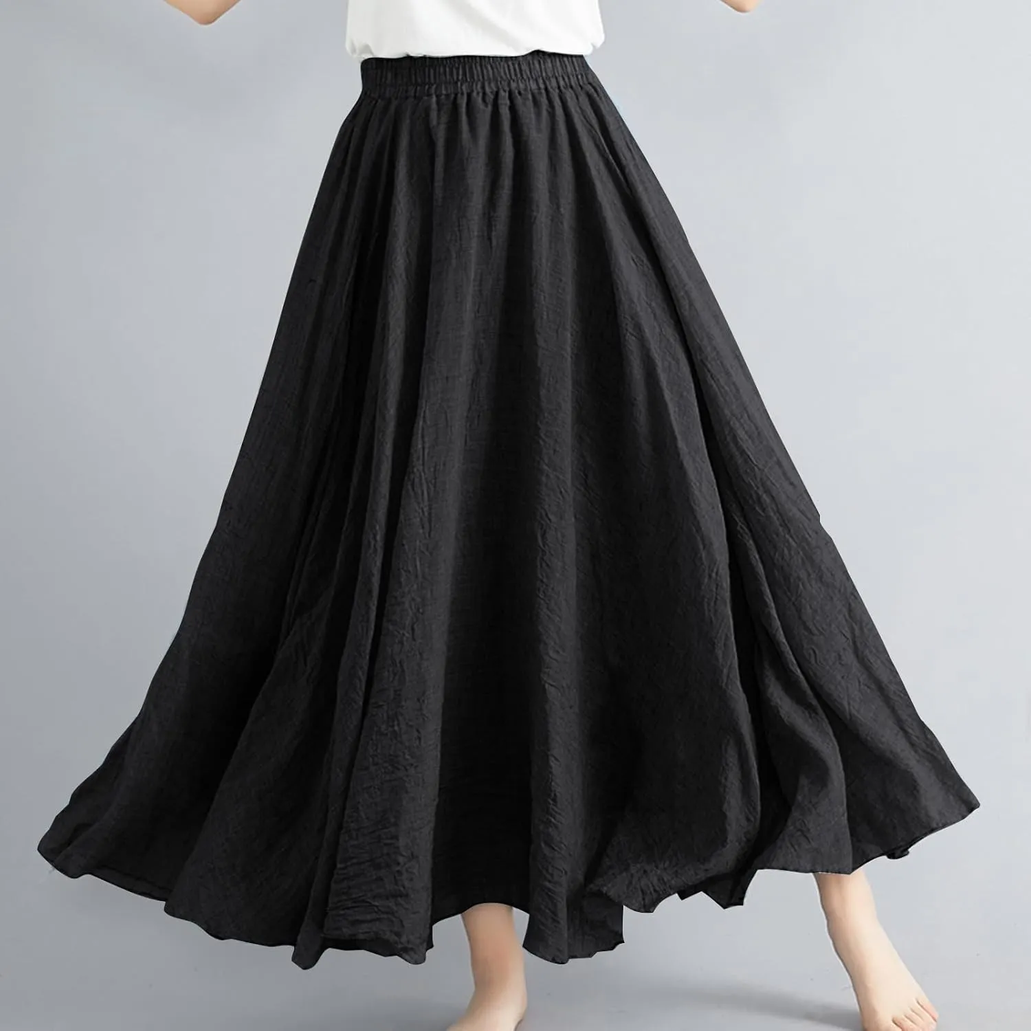 Women Summer Boho Flowy Swing A-Line Maxi Skirt Casual Linen Skirts 2025 Trendy Elastic High Waist Long Beach Dress
