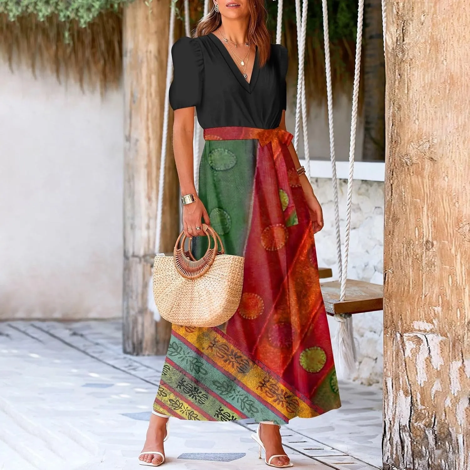Women Summer Color Block Maxi Dress Vacation Floral Short Sleeve Spring Casual Boho Split Beach Long Flowy Sundress
