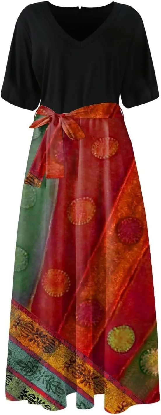 Women Summer Color Block Maxi Dress Vacation Floral Short Sleeve Spring Casual Boho Split Beach Long Flowy Sundress