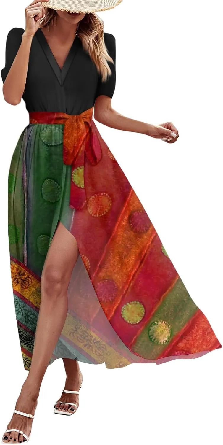 Women Summer Color Block Maxi Dress Vacation Floral Short Sleeve Spring Casual Boho Split Beach Long Flowy Sundress