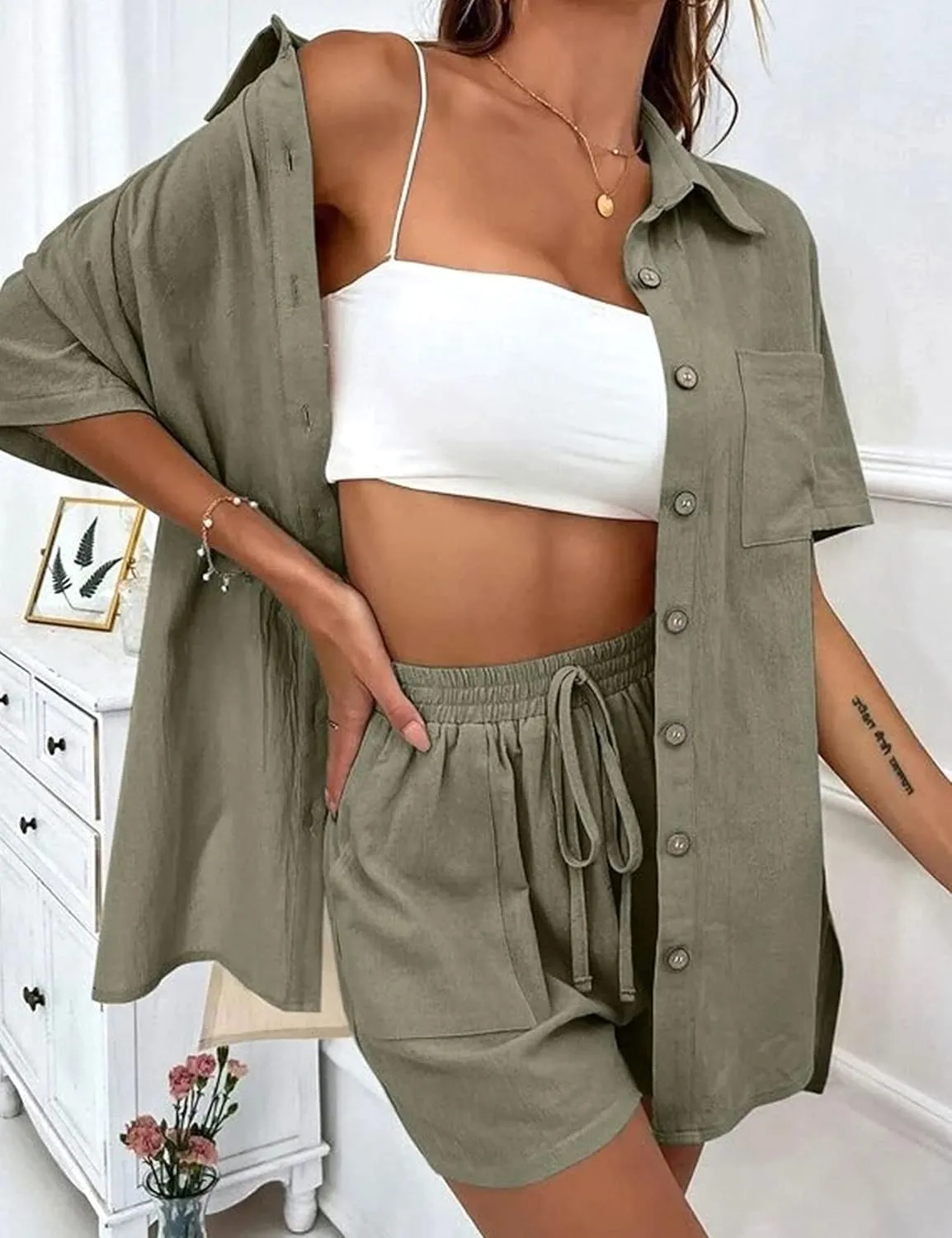 Women Summer Cotton Linen Short Sets 2 Piece Shorts Top Lounge Beach Vacation Two Piece Outfits Tracksuits
