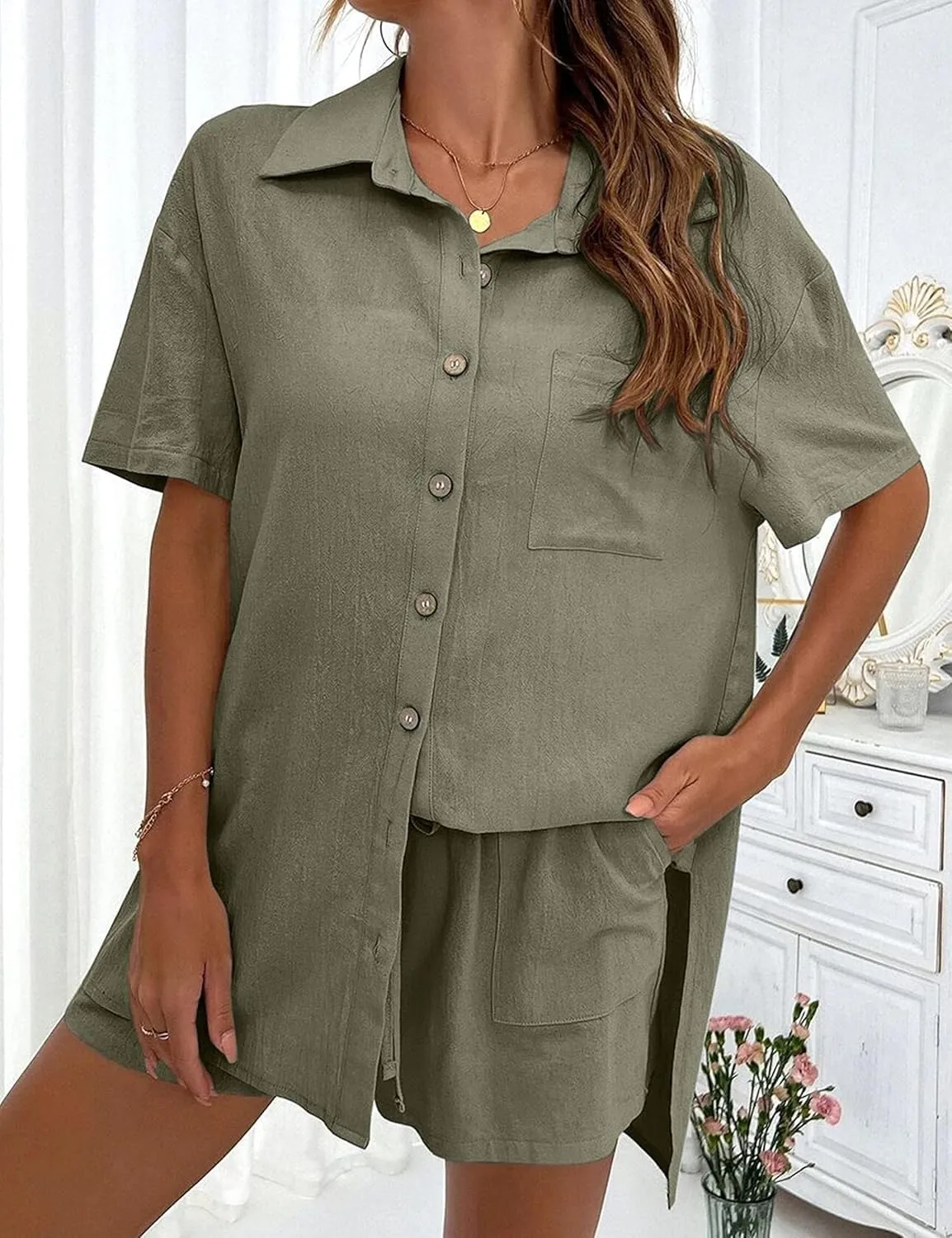 Women Summer Cotton Linen Short Sets 2 Piece Shorts Top Lounge Beach Vacation Two Piece Outfits Tracksuits