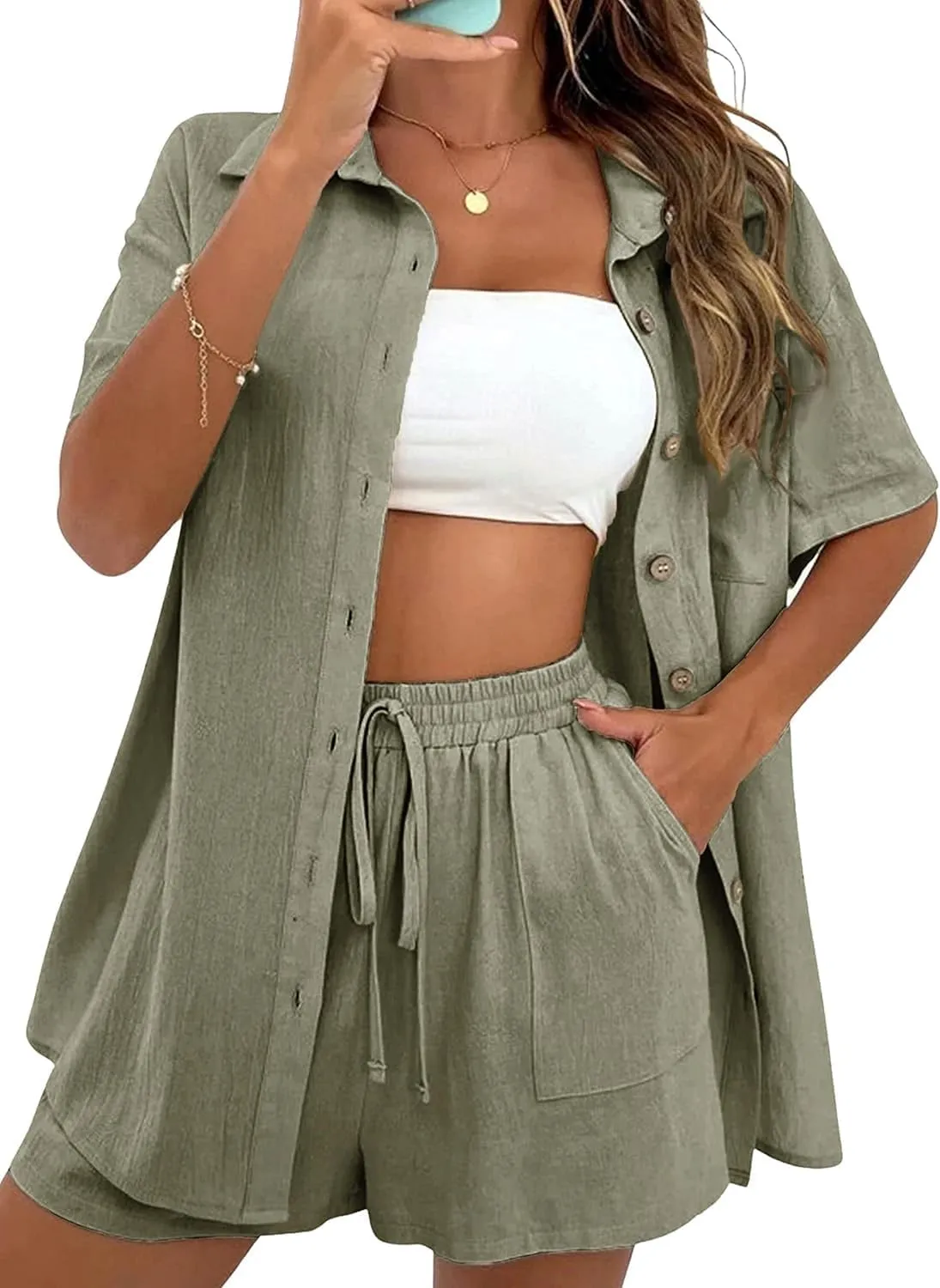 Women Summer Cotton Linen Short Sets 2 Piece Shorts Top Lounge Beach Vacation Two Piece Outfits Tracksuits
