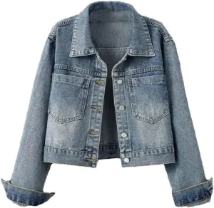 Women Vintage Button Casual Denim Jacket Long Sleeve Loose Trucker Denim Jackets