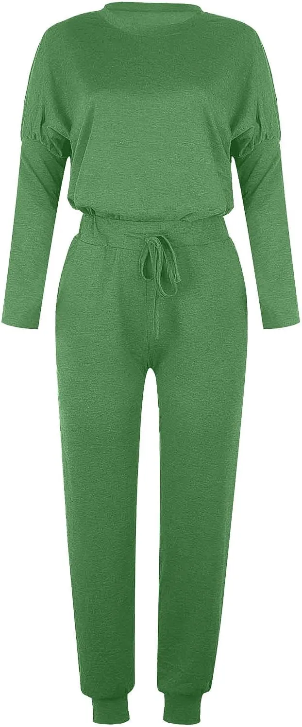 Womens 2 Piece Lounge Set Soft Loose Fit Solid Color Sweatsuits Crewneck Long Sleeve Pullovers Casual Size Tracksuit