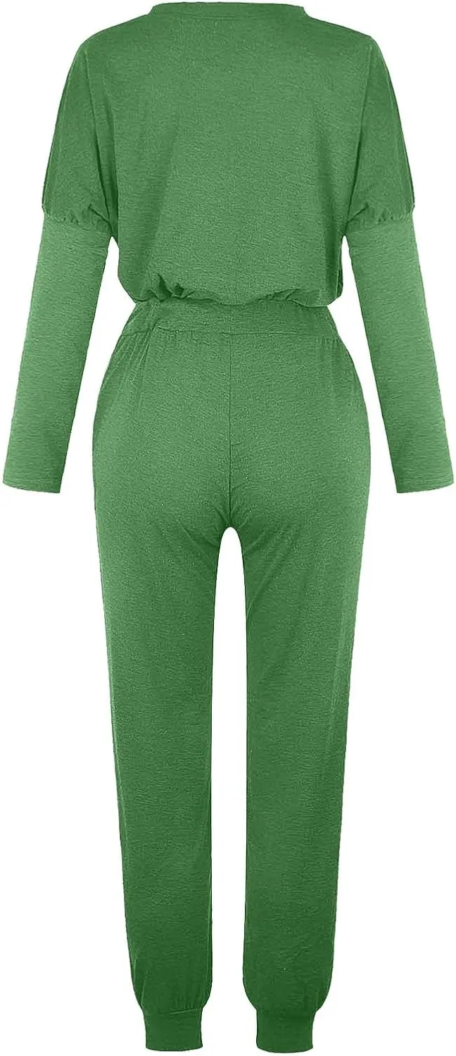 Womens 2 Piece Lounge Set Soft Loose Fit Solid Color Sweatsuits Crewneck Long Sleeve Pullovers Casual Size Tracksuit