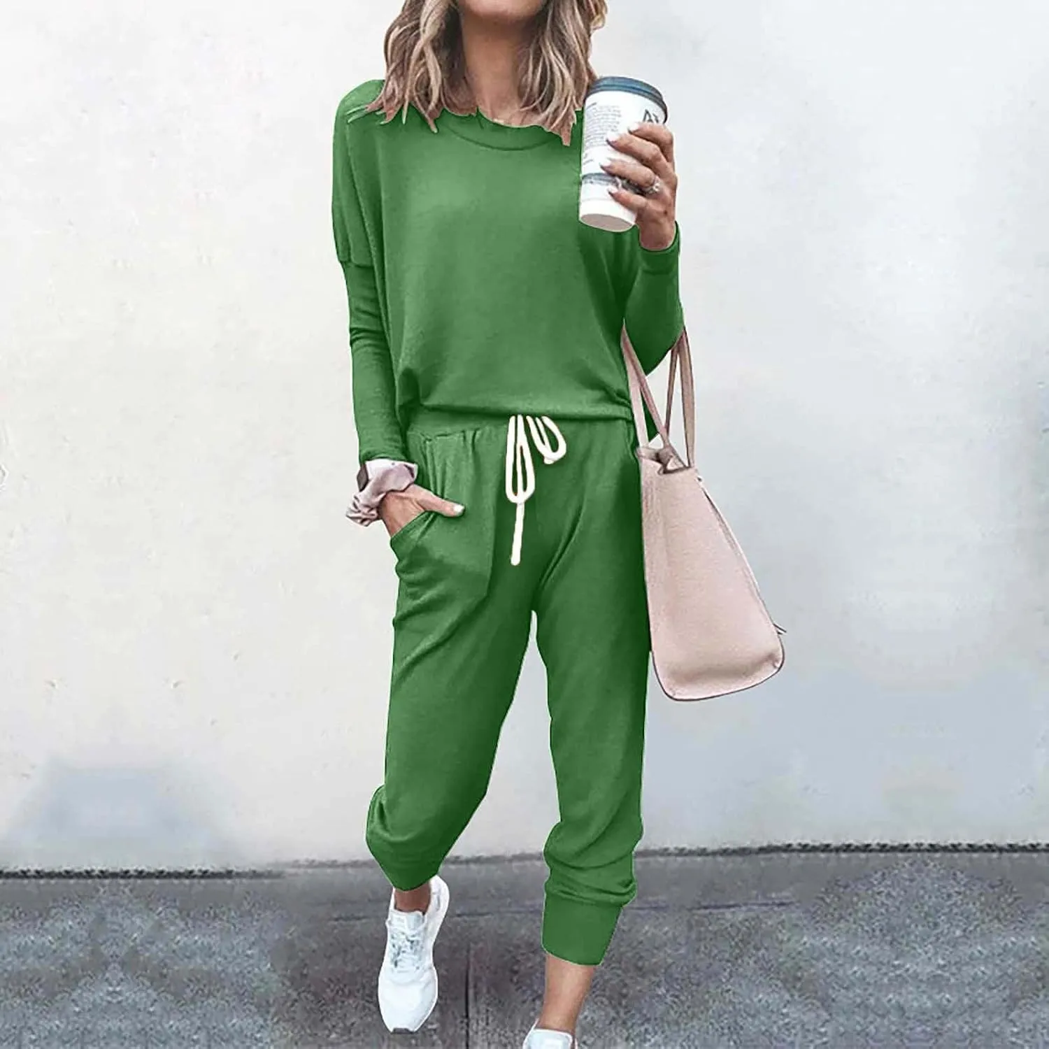 Womens 2 Piece Lounge Set Soft Loose Fit Solid Color Sweatsuits Crewneck Long Sleeve Pullovers Casual Size Tracksuit