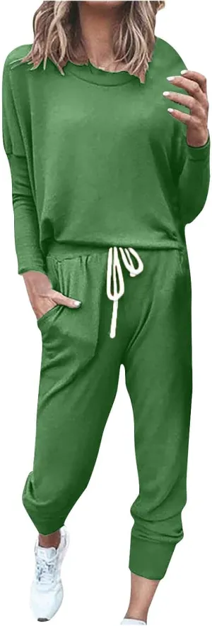 Womens 2 Piece Lounge Set Soft Loose Fit Solid Color Sweatsuits Crewneck Long Sleeve Pullovers Casual Size Tracksuit