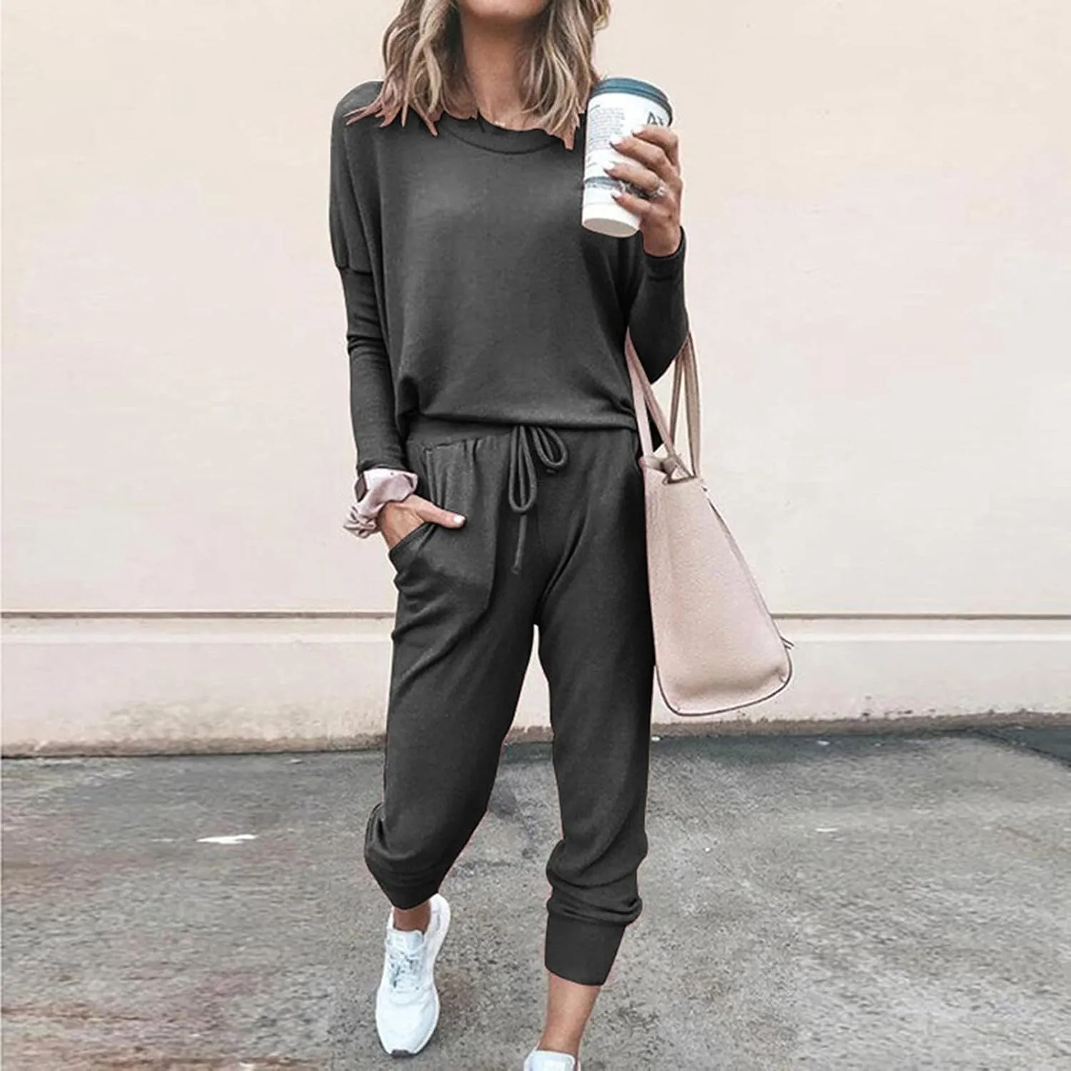 Womens 2 Piece Loungewear Set Letter Graphic Long Sleeves Crewneck Pullover Top And Drawstring Joggers Pants