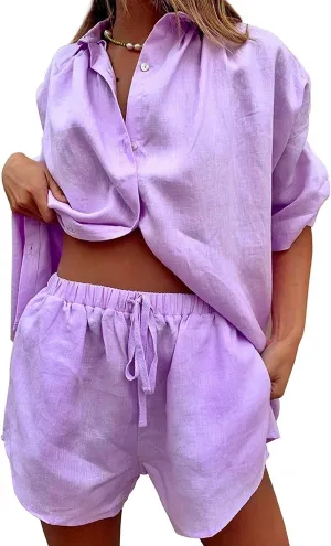 Womens 2 Piece Outfits Casual Loungewear Sets Stripe Long Sleeve Shirt And Loose High Waisted Mini Shorts Set