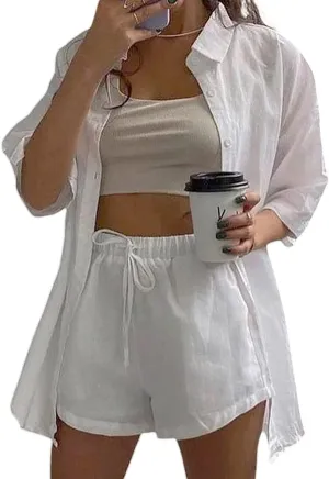 Womens 2 Piece Outfits Casual Loungewear Sets Stripe Long Sleeve Shirt And Loose High Waisted Mini Shorts Set
