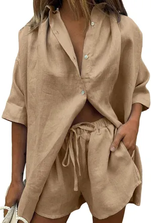 Womens 2 Piece Outfits Casual Loungewear Sets Stripe Long Sleeve Shirt And Loose High Waisted Mini Shorts Set
