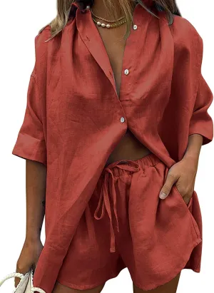 Womens 2 Piece Outfits Casual Loungewear Sets Stripe Long Sleeve Shirt And Loose High Waisted Mini Shorts Set
