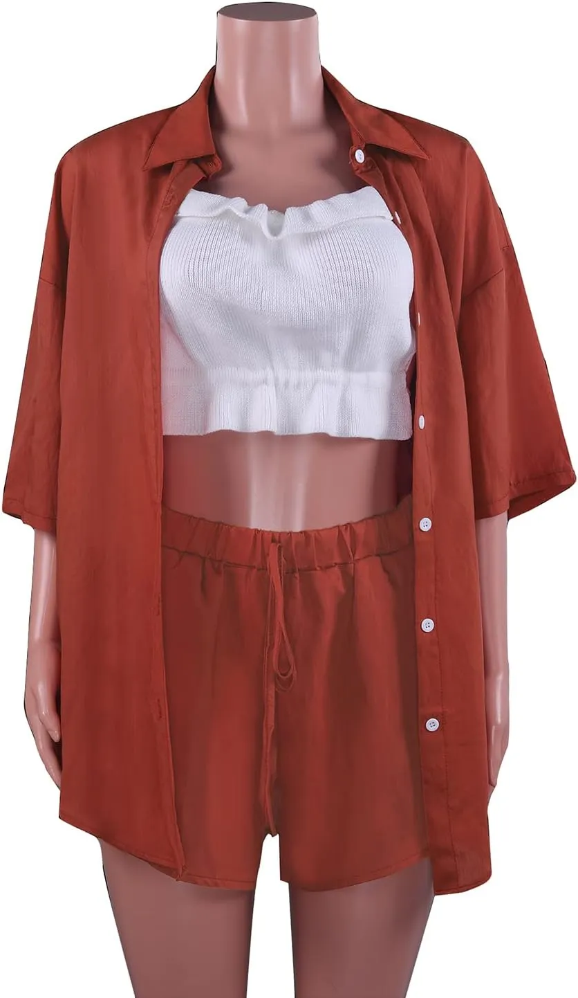 Womens 2 Piece Outfits Casual Loungewear Sets Stripe Long Sleeve Shirt And Loose High Waisted Mini Shorts Set
