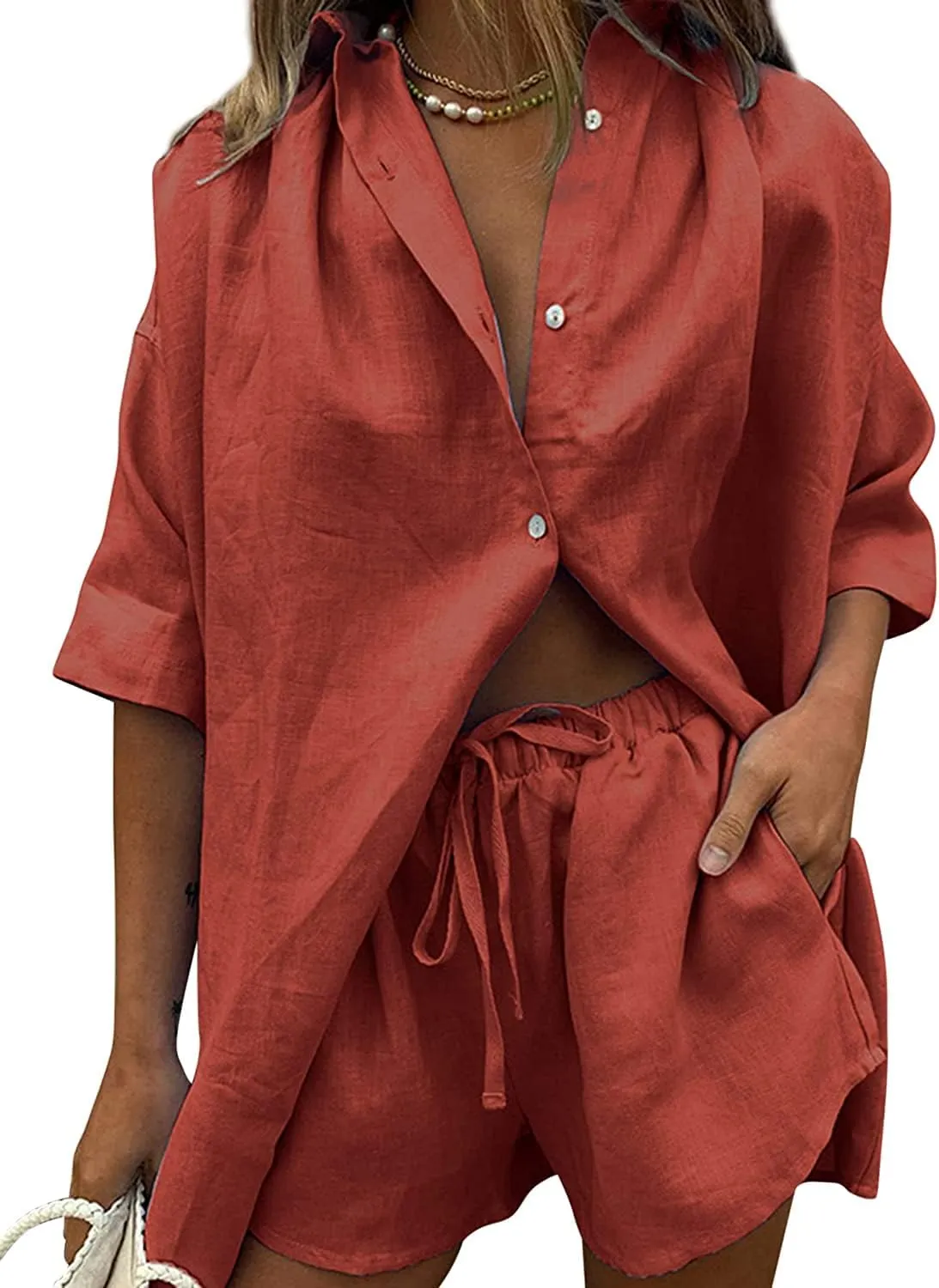 Womens 2 Piece Outfits Casual Loungewear Sets Stripe Long Sleeve Shirt And Loose High Waisted Mini Shorts Set