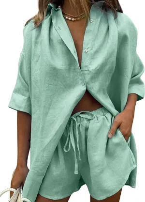 Womens 2 Piece Outfits Casual Loungewear Sets Stripe Long Sleeve Shirt And Loose High Waisted Mini Shorts Set