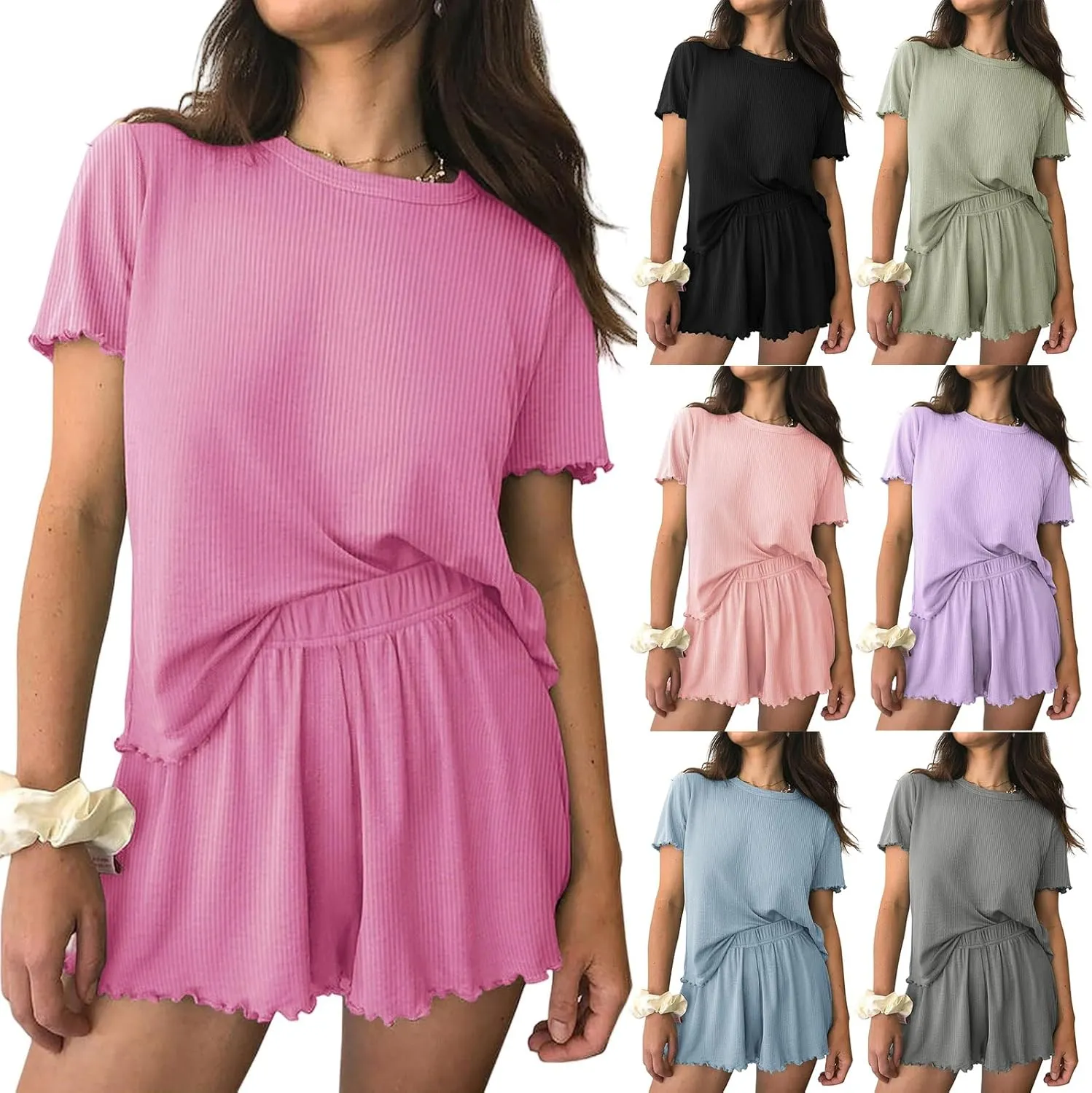 Womens 2 Piece Outfits Casual Summer Sets Ribbed Knit Pjs Short Sleeve Sleepwear Soft Top and Shorts Lounge Sets Pajamas