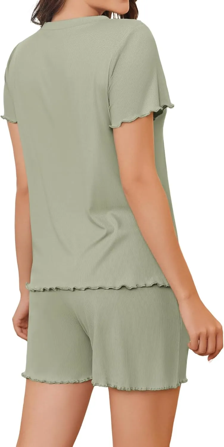 Womens 2 Piece Outfits Casual Summer Sets Ribbed Knit Pjs Short Sleeve Sleepwear Soft Top and Shorts Lounge Sets Pajamas