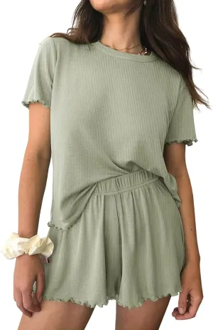 Womens 2 Piece Outfits Casual Summer Sets Ribbed Knit Pjs Short Sleeve Sleepwear Soft Top and Shorts Lounge Sets Pajamas