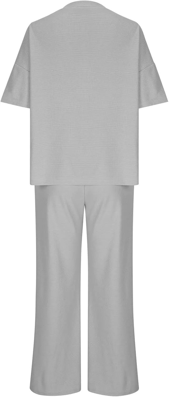 Womens 2 Piece Waffle Knit Lounge Sets Button Down Short Sleeve and Loose Long Pant Outfits Fashion Casual Loungewear