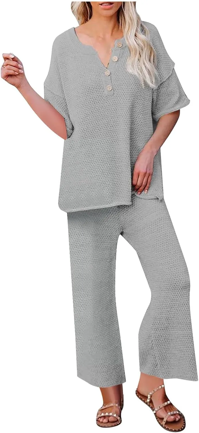 Womens 2 Piece Waffle Knit Lounge Sets Button Down Short Sleeve and Loose Long Pant Outfits Fashion Casual Loungewear